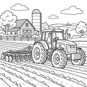 Kraftvoller Traktor mit Egge auf dem Feld Malvorlage für kreative Landratten