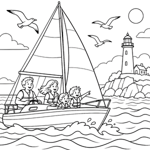 Abenteuerliches Segelboot mit Familie Ausmalbild für malfreudige Spürnasen