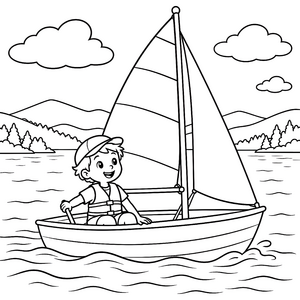 Fröhlicher Junge im Segelboot Malvorlage für kleine Wasserratten