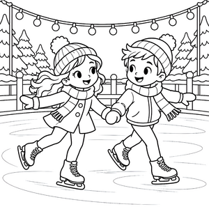Fröhliche Eisläufer auf der Eisbahn Ausmalvorlage für Winterfreunde