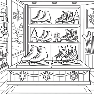 Glitzernde Schlittschuhe im Ladenregal Ausmalvorlage für fröhliche Winterfreunde