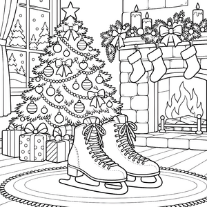 Festliche Schlittschuhe vor Weihnachtsbaum Malbild für junge Weltenbummler