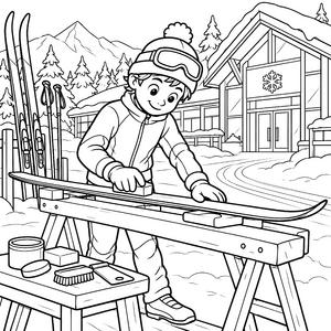 Konzentrierter Langläufer beim Skiwachsen Malbild für kleine Bastler