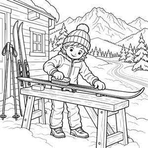Konzentrierter Langläufer beim Skiwachsen Malvorlage für kleine Tüftler