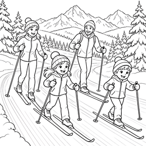 Fröhliche Langläufergruppe in den Bergen Ausmalbild für kreative Schneesportler