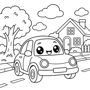 Heiteres Kawaii-Auto vor dem Haus Ausmalvorlage für kleine Autofans