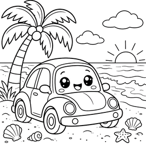 Verspieltes Kawaii-Auto am Strand Malvorlage für fröhliche Seebären