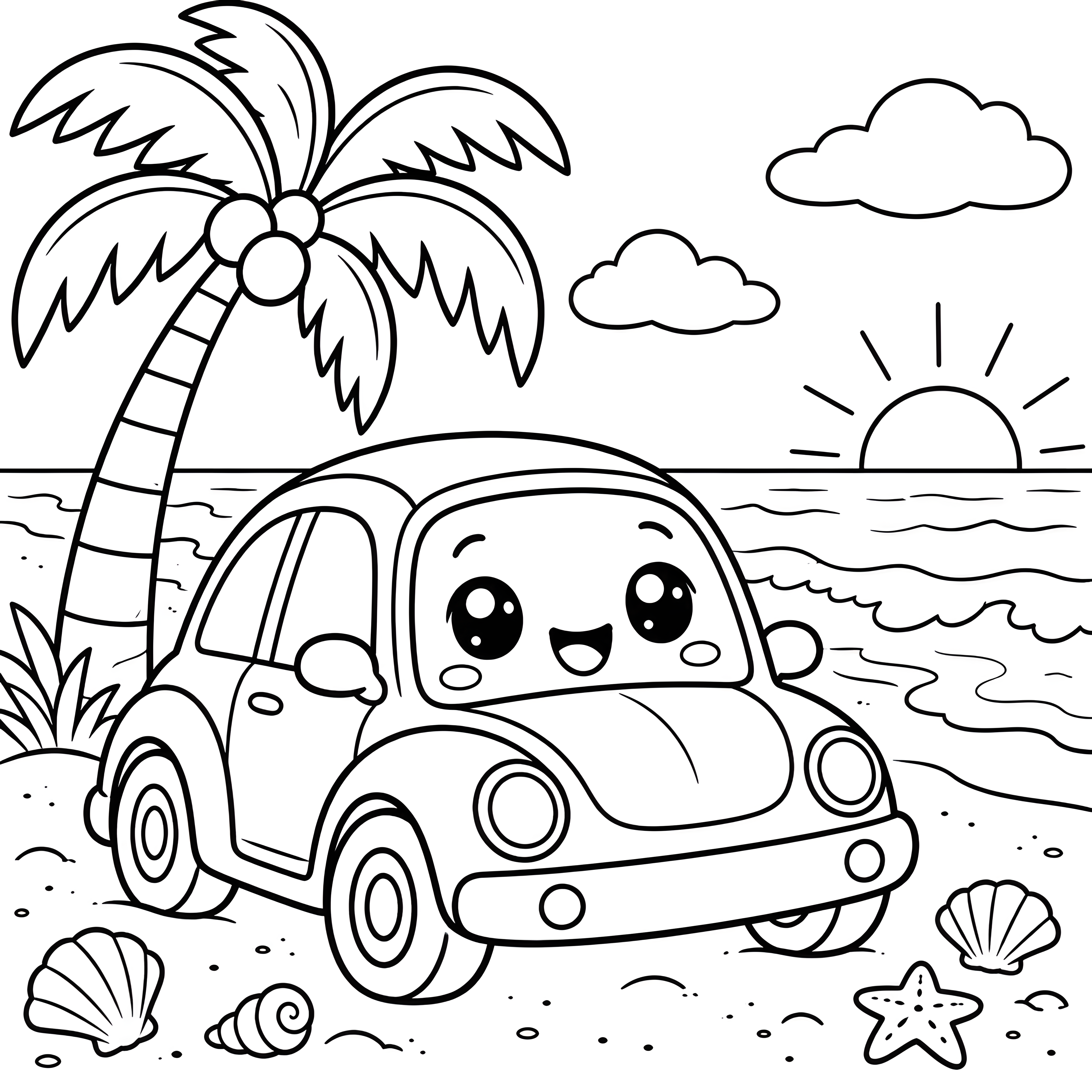 Verspieltes Kawaii-Auto am Strand Malvorlage für fröhliche Seebären