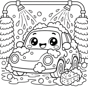 Fröhliches Kawaii-Auto unter der Dusche Ausmalvorlage für verträumte Wasserratten