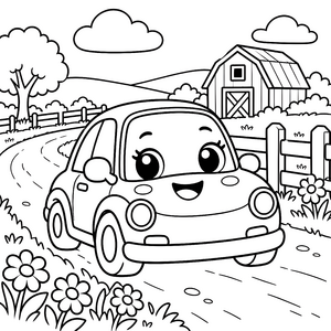 Fröhliches Kawaii-Auto auf dem Bauernhof Ausmalbild für kreative Weltenbummler