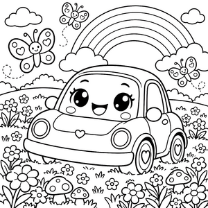 Fröhliches Kawaii-Auto unter Regenbogen Ausmalvorlage für kleine Spürnasen