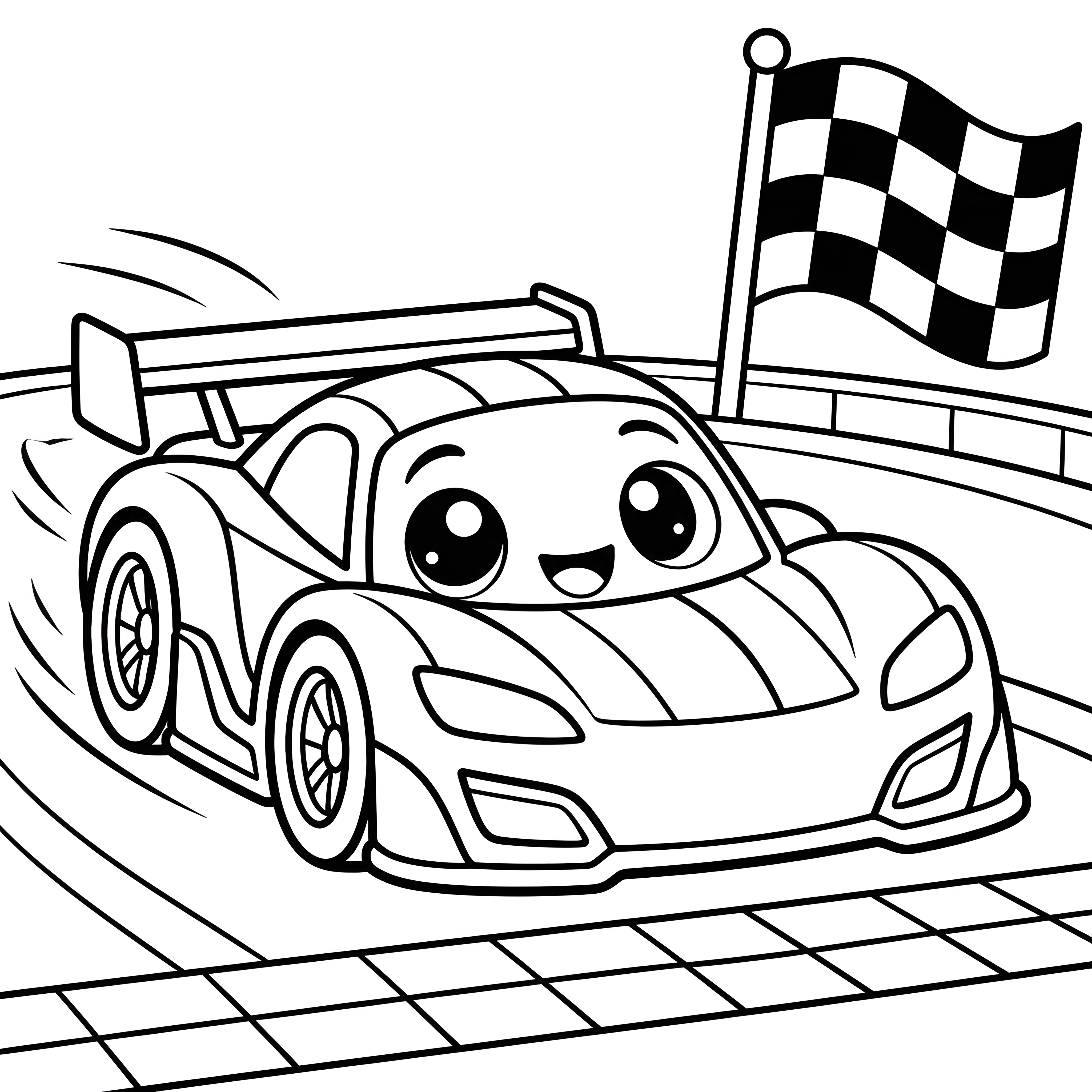 Schnelles Kawaii-Rennauto mit Zielflagge Ausmalbild für mutige Tüftler