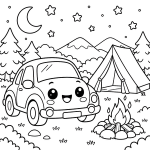 Fröhliches Kawaii-Auto beim Camping Ausmalvorlage für kleine Abenteurer