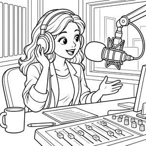 Fröhliche Journalistin im Funkstudio Malvorlage für kreative Nachrichtenfreunde