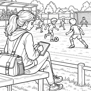 Aufmerksame Journalistin beim Fußballspiel Ausmalvorlage für verträumte Spürnasen