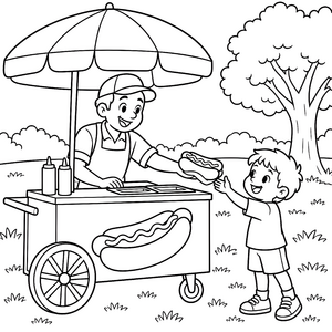 Heiterer Hotdog-Verkauf im Park Malvorlage für junge Spürnasen