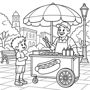 Fröhlicher Verkäufer am Hotdog-Wagen Malvorlage für verträumte Naschkatzen