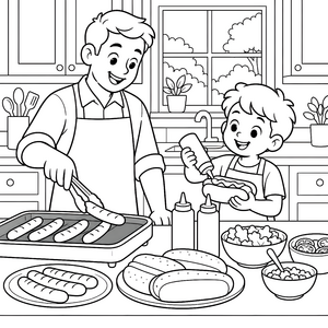 Fröhlicher Vater mit Sohn beim Hotdog-Grillen Malbild für malfreudige Hobbyköche