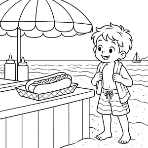 Fröhlicher Junge am Strand mit Hotdog Ausmalvorlage für kleine Wasserratten