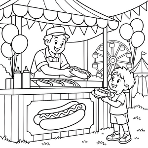 Heiterer Hotdog-Stand auf dem Jahrmarkt Ausmalvorlage für mutige Festbesucher