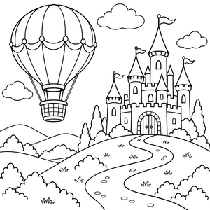 Majestätischer Heißluftballon über dem Schloss Malvorlage für verträumte Abenteurer