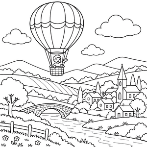 Verspielter Heißluftballon über Dorf und Brücke Malvorlage für neugierige Weltenbummler