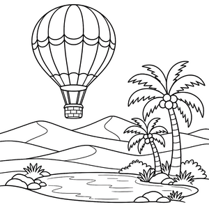 Exotischer Heißluftballon über Oase Malbild für verträumte Weltenbummler