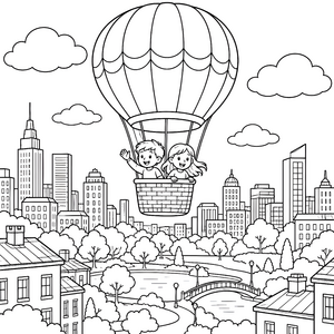 Fröhlicher Heißluftballon über Großstadt Ausmalbild für malfreudige Abenteurer