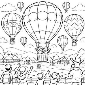 Farbenfrohe Heißluftballons über dem Festplatz Ausmalbild für malfreudige Weltenbummler