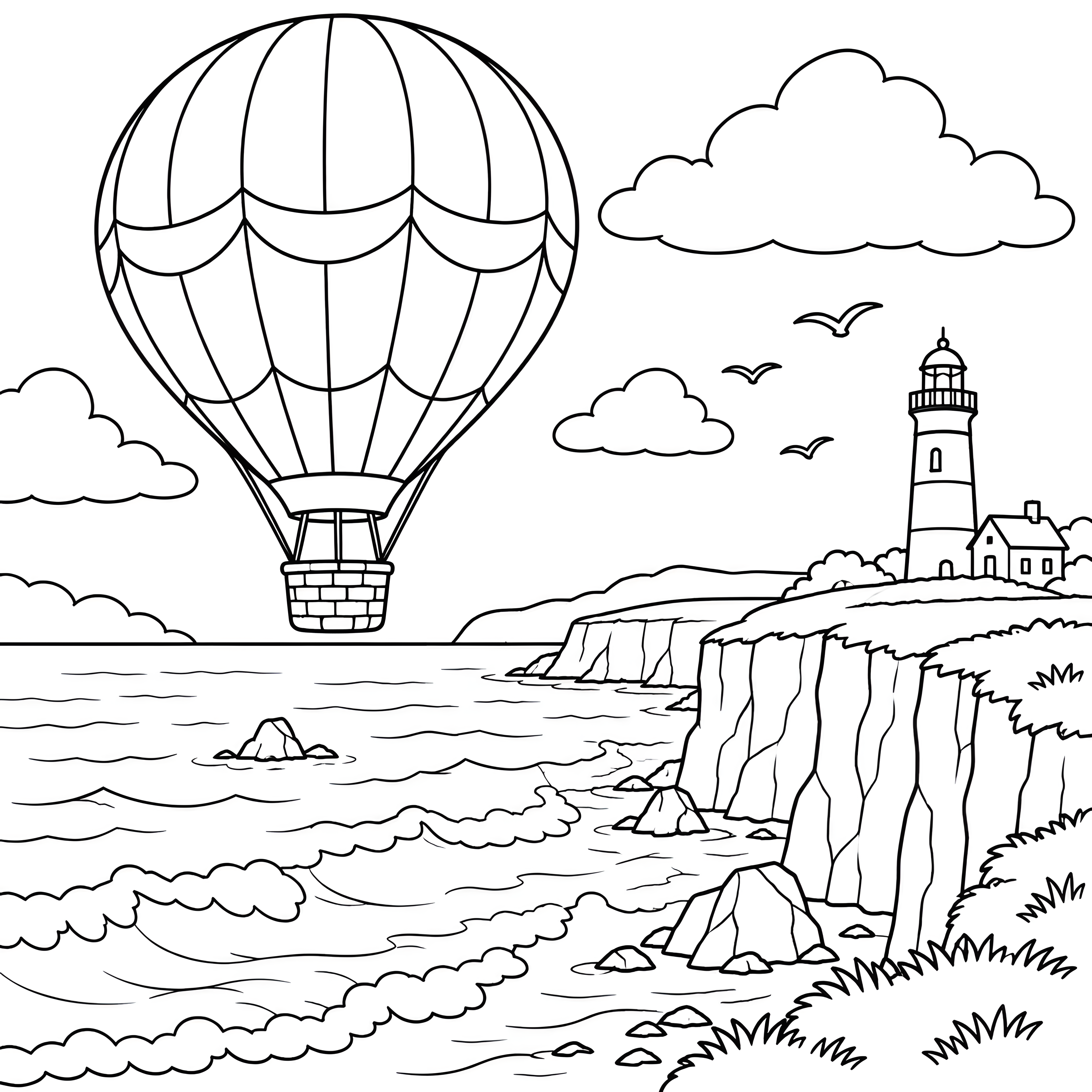 Abenteuerlicher Heißluftballon über Leuchtturm Malvorlage für kreative Weltenbummler