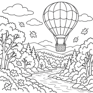 Abenteuerlicher Heißluftballon über herbstlichem Fluss Ausmalvorlage für fröhliche Weltenbummler