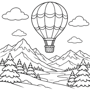 Abenteuerlicher Heißluftballon über verschneiten Bergen Malvorlage für malfreudige Spürnasen