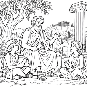 Weiser Philosoph mit Schülern unter Olivenbäumen Malvorlage für malfreudige Bücherwürmer