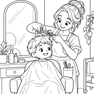 Lächelnde Friseurin beim Haarschneiden Malbild für mutige Abenteurer