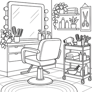 Moderner Friseursalon mit Waschbecken und Föhn Malbild für kleine Bastler