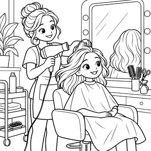 Zufriedene Friseurin mit Föhn Malbild für fröhliche Tüftler