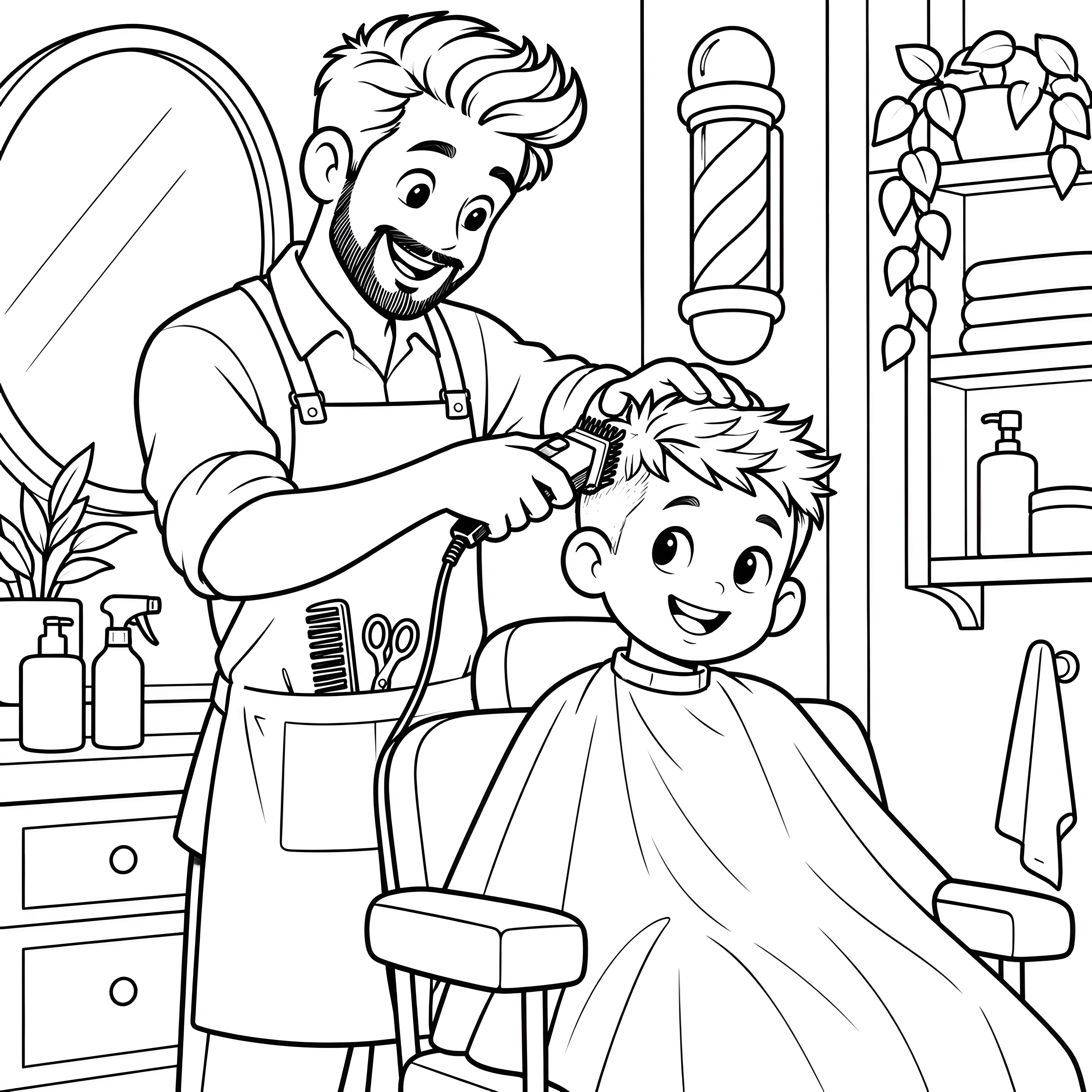 Fröhlicher Friseur mit Haarschneidemaschine Malvorlage für mutige Hobbykünstler