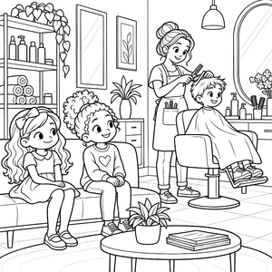 Wuschelige Kinder im Friseursalon Malbild für neugierige Hobbykünstler