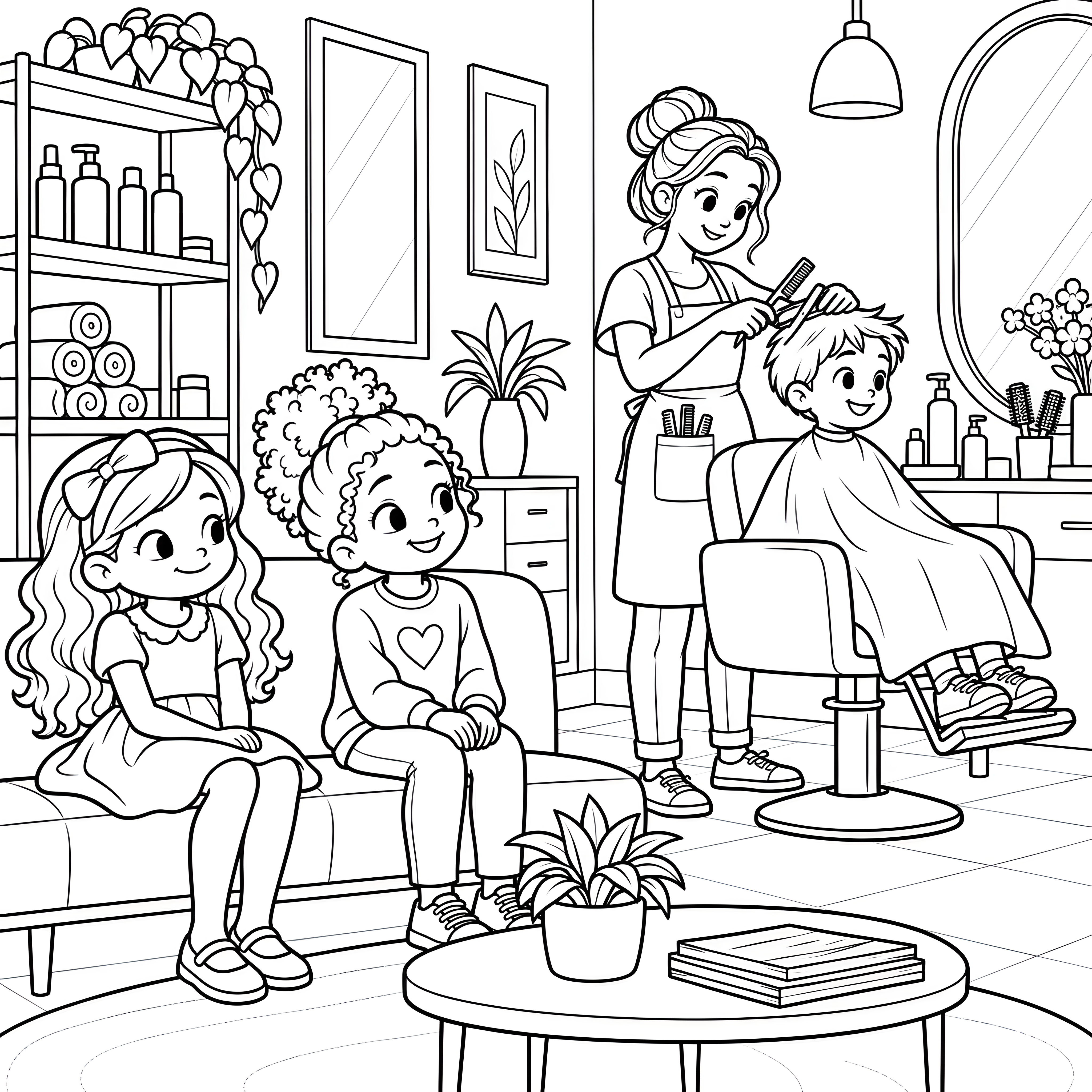 Wuschelige Kinder im Friseursalon Malbild für neugierige Hobbykünstler