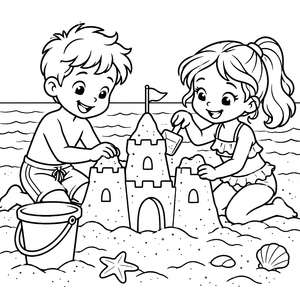 Fröhliche Freunde beim Sandburgenbauen Malbild für kleine Wasserratten