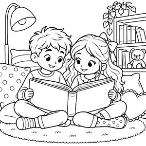 Gemütliche Freunde beim gemeinsamen Buchlesen Ausmalvorlage für Bücherwürmer