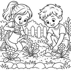 Fröhliche Freunde im Garten Ausmalbild für kreative Naturfreunde