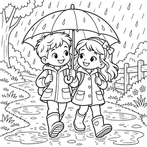 Fröhliche Freunde im Regen mit Regenschirm Ausmalbild für neugierige Spürnasen