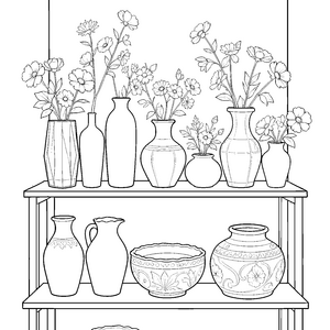 Vielfältige Vasen mit Blumen auf einem Regal Malvorlage für kleine Spürnasen