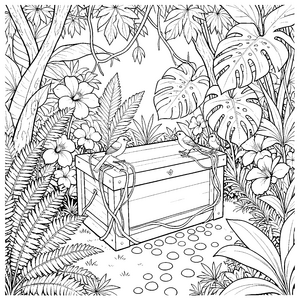 Exotischer Cajon mit Vögeln im Dschungel Ausmalbild für verträumte Abenteurer