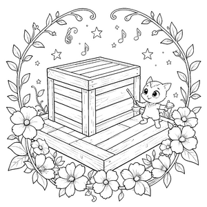Verspielter Cajon mit Kätzchen und Blumen Malvorlage für Spürnasen