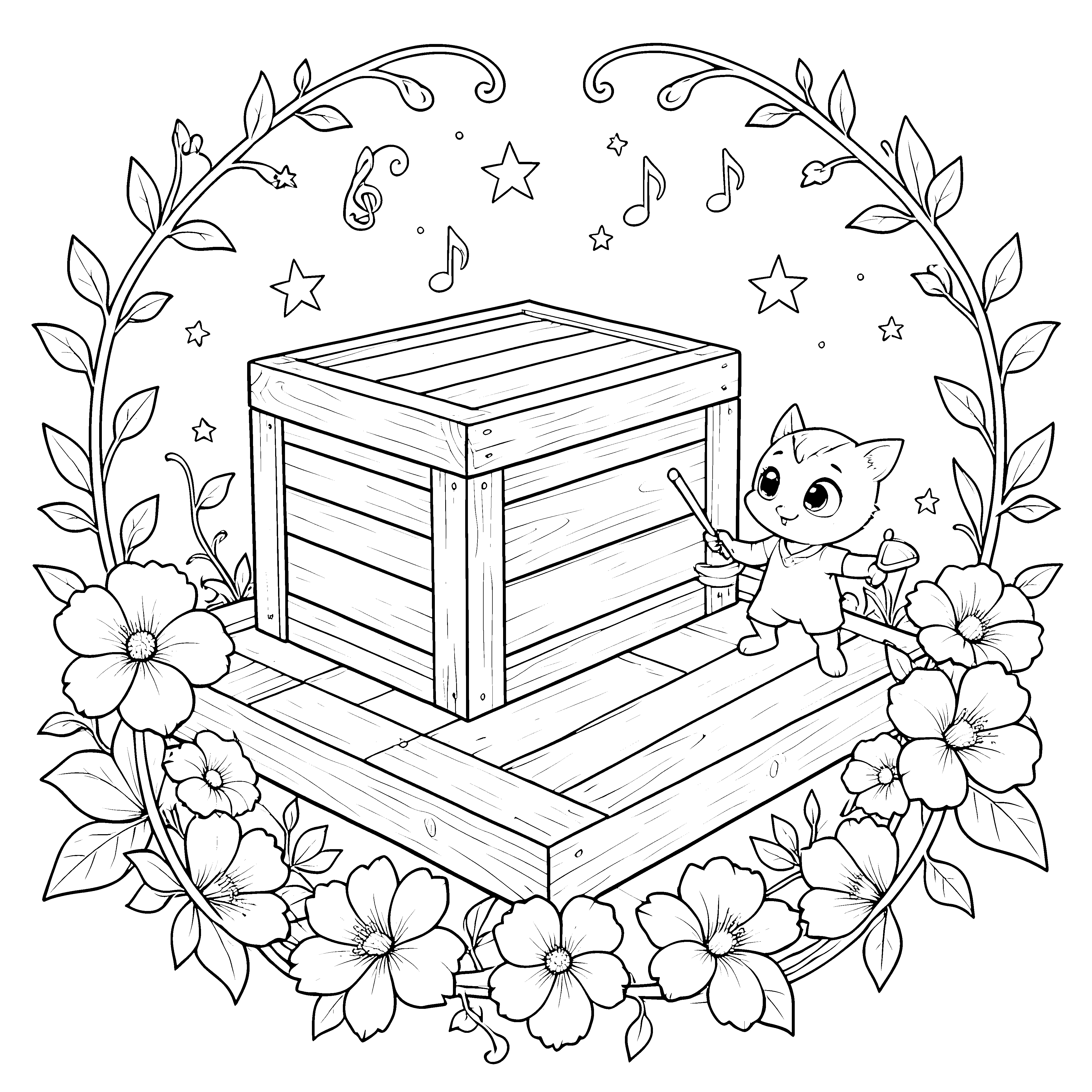 Verspielter Cajon mit Kätzchen und Blumen Malvorlage für Spürnasen