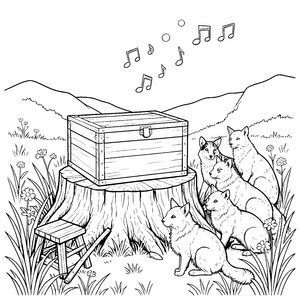 Stolze Cajon mit Füchsen auf Baumstumpf Malvorlage für verträumte Naturfreunde
