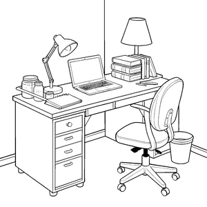 Gemütlicher Schreibtisch mit Laptop und Lampe Ausmalbild für junge Tüftler