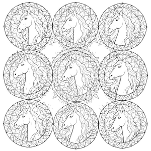 Verspielte Einhorn-Mandala-Gruppe Ausmalvorlage für verträumte Abenteurer